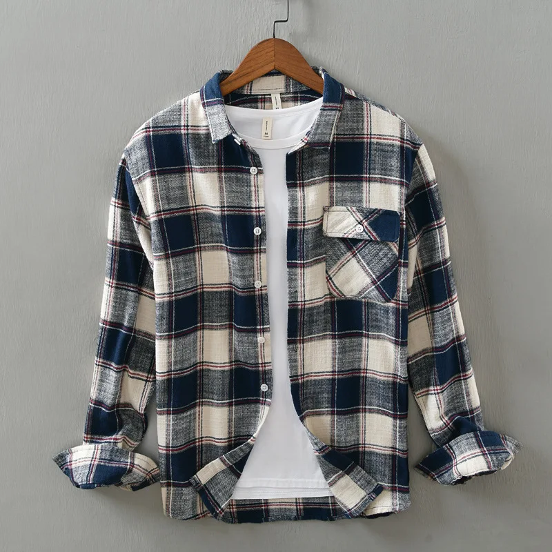 2022 Spring Autumn New Long-sleeved Plaid Shirt Men\'s Korean Version of The Trend Printing Shirt Youth Casual All-match Top