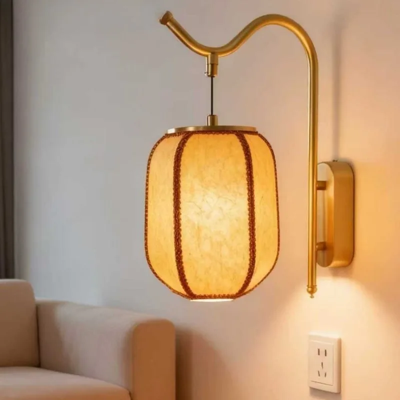 All copper hotel bedroom bedside wall lamp, corridor lamp, new Chinese retro parchment lantern wall lamp