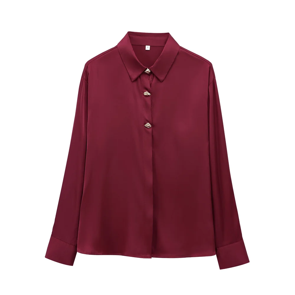 女性用ゴールドブレステッドシルクテクスチャードシャツ、長袖襟付き、春夏新作カジュアル婦人服