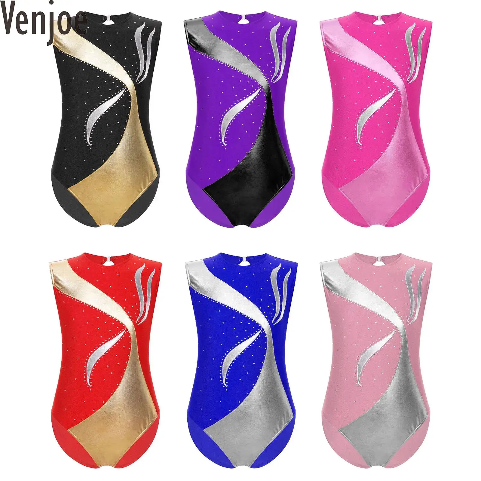 Kids Girls Gymnastics Leotards Bodysuit Metallic Shiny Rhinestones Keyhole Back Sleeveless Yoga Jumpsuit Ballet Dancewear