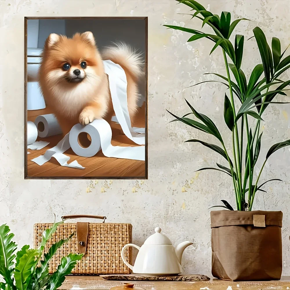 Frameless Canvas Painting Pomeranian Dog Funny Bathroom Wall Art Set -No Framed Canvas Print, Playful Pom Dog Toilet Art, Gift F