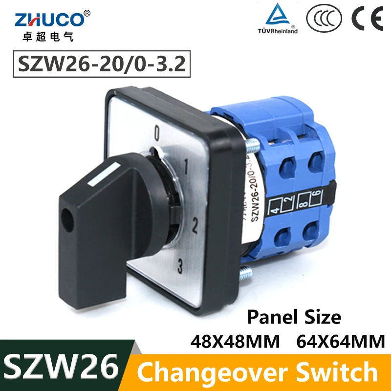 

ZHUCO SZW26/LW26-20 20A 64X64 Mm 48X48 Mm 0-1-2-3 Two Pole Four Position Power Knob Selection Universal Changeover Cam Switch