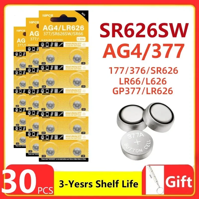 30PCS AG4 Coin Battery LR626 377 Button Cell Coin Alkaline Battery 1.55V SR626SW 377A LR66 for Watches Toys No Mercury