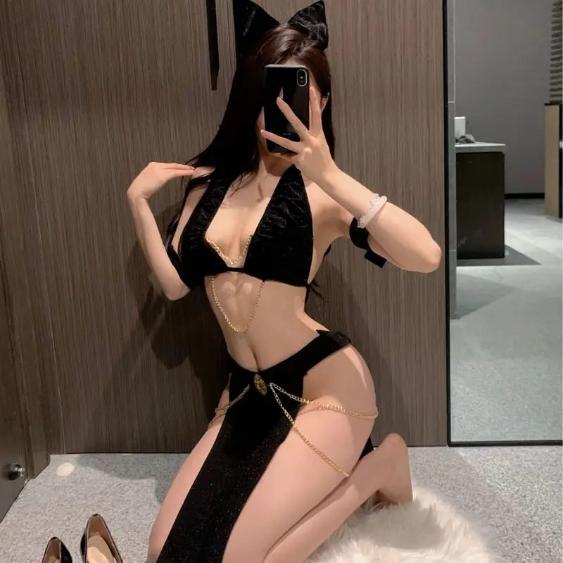 Hot Sexy Lingerie Collocation Cat Ear Headband Zipper Finish Black Bra Long Dress Armlet T Pants Passion Night Costume Gift