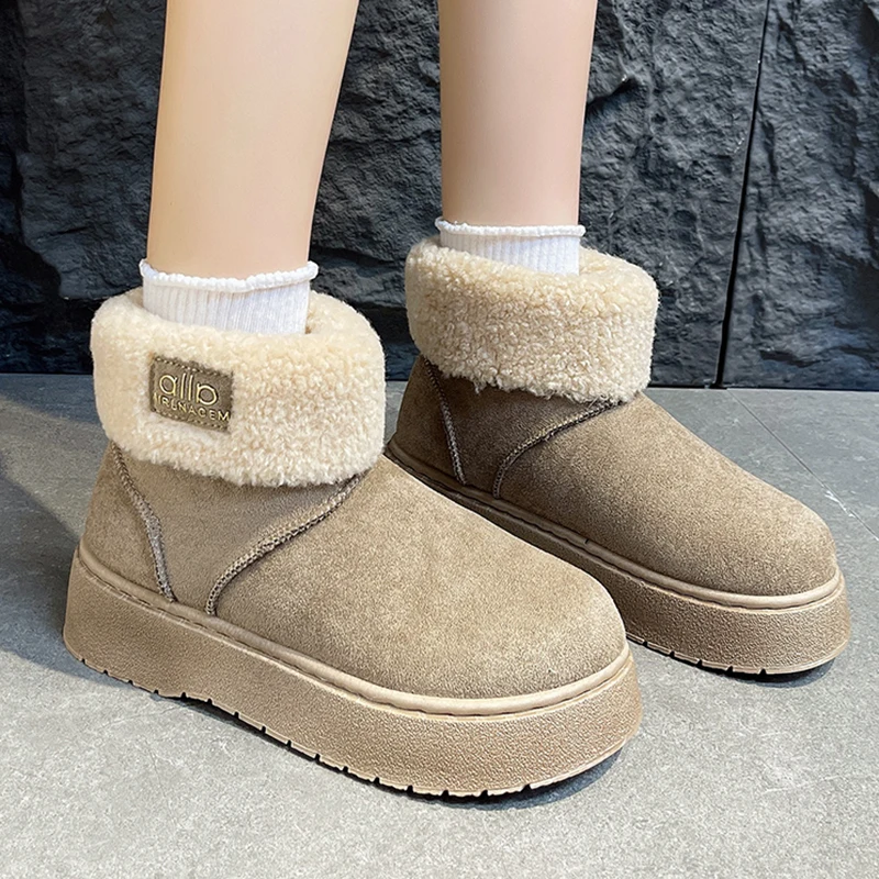 

Patchwork Lambswool Platform Snow Boots Women Slip On Thicken Plush Warm Ankle Boots Woman Non Slip Thick Sole Winter Boots 41