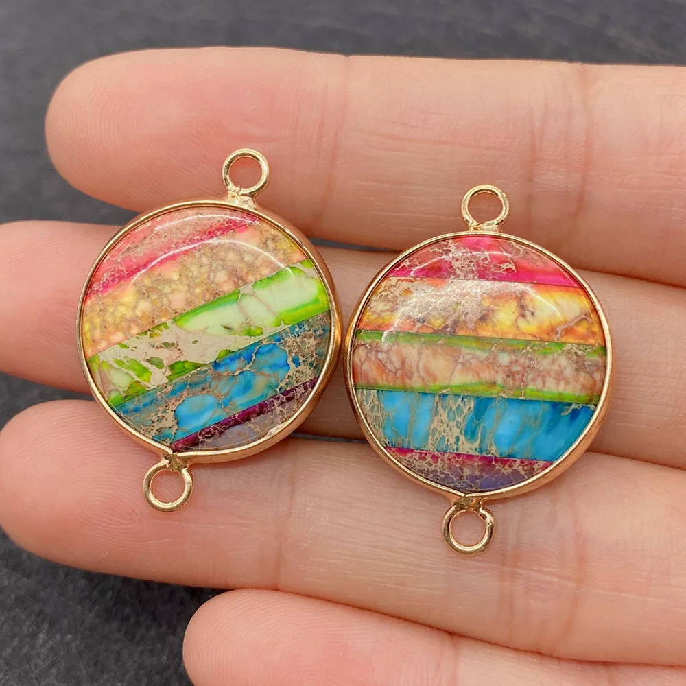 

Multicolored Naural Gemstone Imperial Stone Connector 1PC 14x22mm Double Hole Round Shaped Making DIY Necklace Earrings