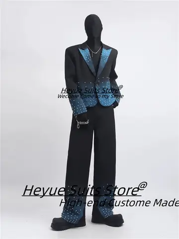 Koreansk Lyxig Balkostym Herrkostymer Anpassade Lösa Brudgum Bröllopssmoking Glans Diamant 2-delat Set Herr Casual Kavaj Ropa Hombre 10 best sales glänsande herrkostym - №1