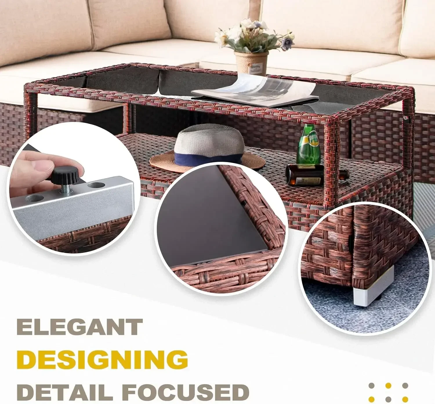 GARDEN Outdoor Coffee Table Wicker Patio Rattan Side Table with Glass Top and Storage Shelf,40in Mixed Brown