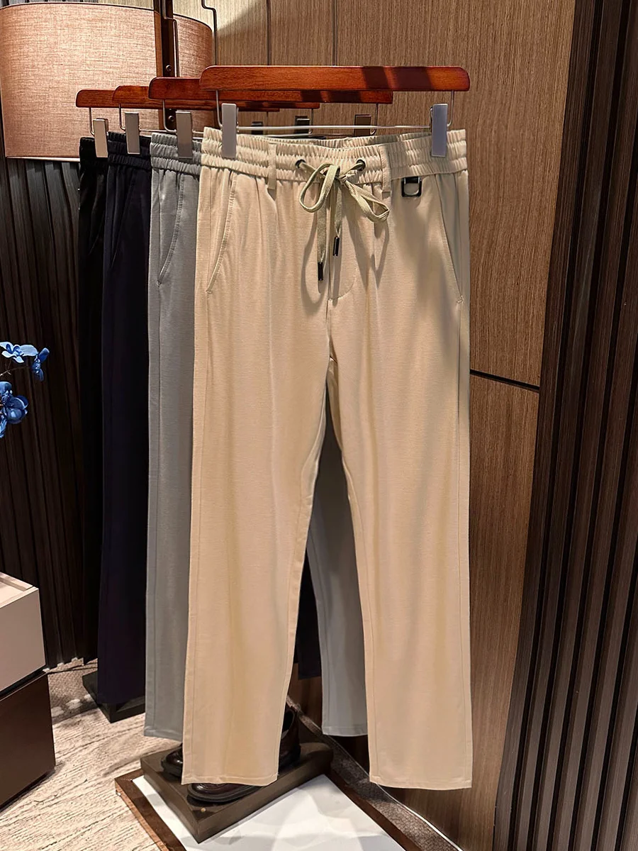 

Удобные эластичные мужские повседневные брюки, летние, высококачественные, с добавлением шелка, модные городские брюки прямого кроя