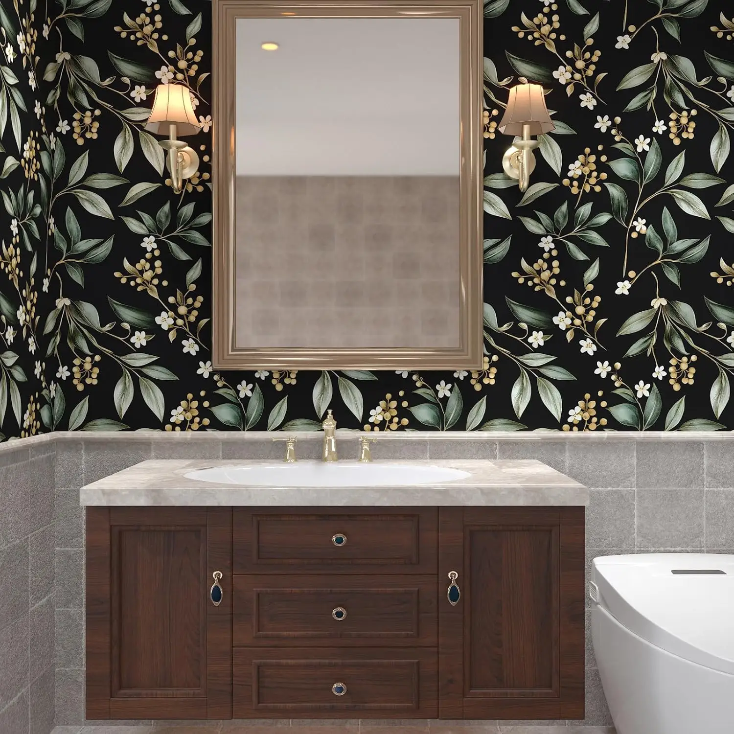 Dark Green Leaf Peel and Stick Wallpaper 17.5"x118" Self-Adhesive Vinyl for Bathroom Bedroom Kitchen Cabinet Retro Floral Decor view 4