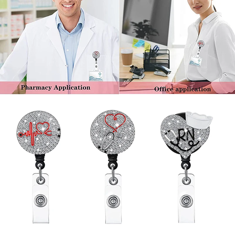 Retractable Medical Worker ID Tag Holder Buckle Rhinestone Nurse Badge Easy Pull Buckle Exquisite Badge Clip Office Supplies