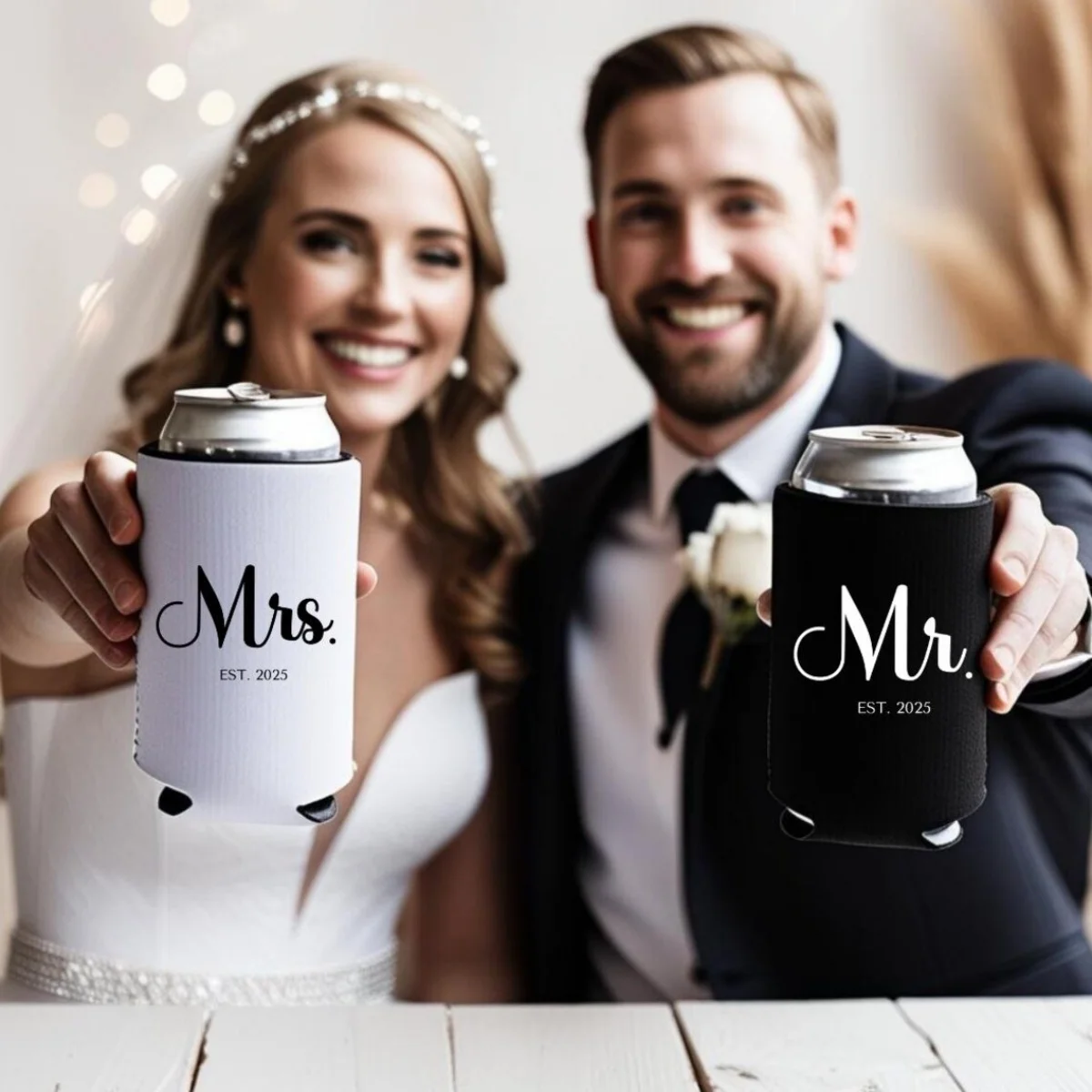 Koozies de cerveza para novia y novio, regalo de boda, señor y señora, cerveza Koozie, recuerdo de boda, boda de 2025