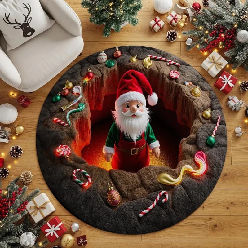 VIKAMA 3D Santa Claus Round Rug Pop Out Floor Mat Crack Effect For Kids Room Nursery Entryway Xmas Home Decor