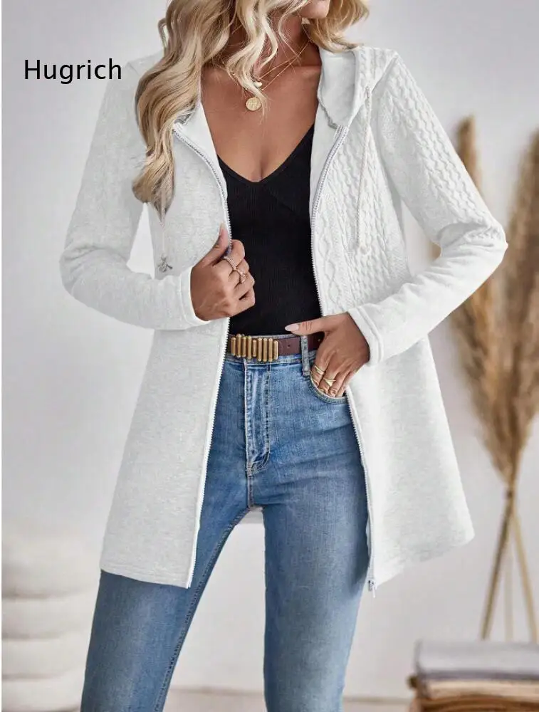 Ladies Casual Hooded Jacket Full Zipper Closure Cable Knit Texture Drawstring Hood Long Sleeve Mid Length Loose Outer Coat