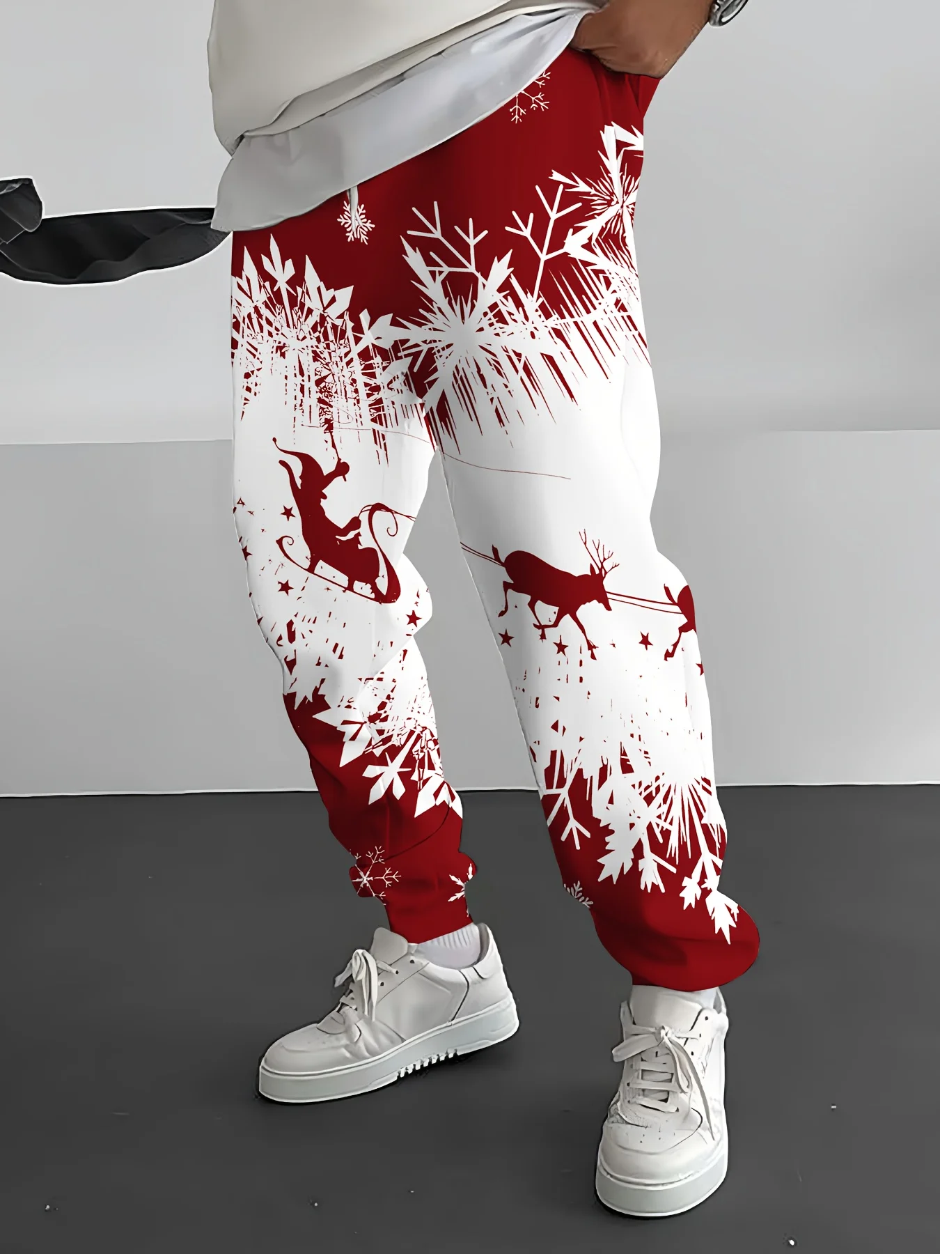 

Men'S Christmas Pants with Santa, Reindeer & Tree Print - Red & White Holiday Trousers for Christmas Party, Everyday Winter Wear