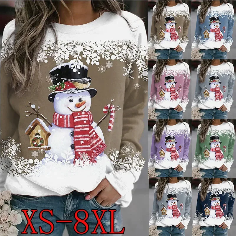 

2022 Autumn New Women's Tops Stitching Colorful Scarves Snowman Long Sleeved Tops Printed Comfortable T-shirts