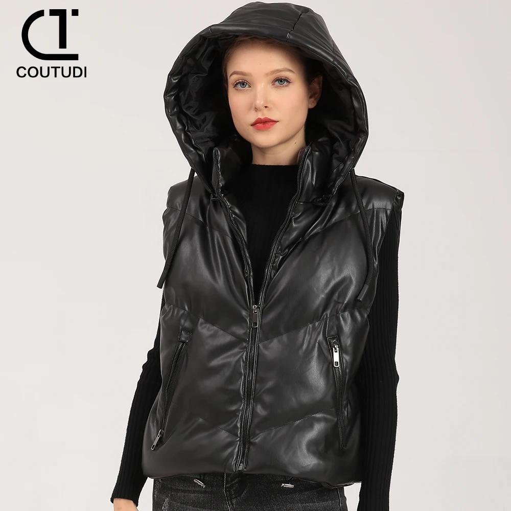 

COUTUDI-PU Leather Short Down Vest for Women, Sleeveless Waistcoat, Hooded Streetwear, Female Parkas, Jacket Coat, Autumn Winter