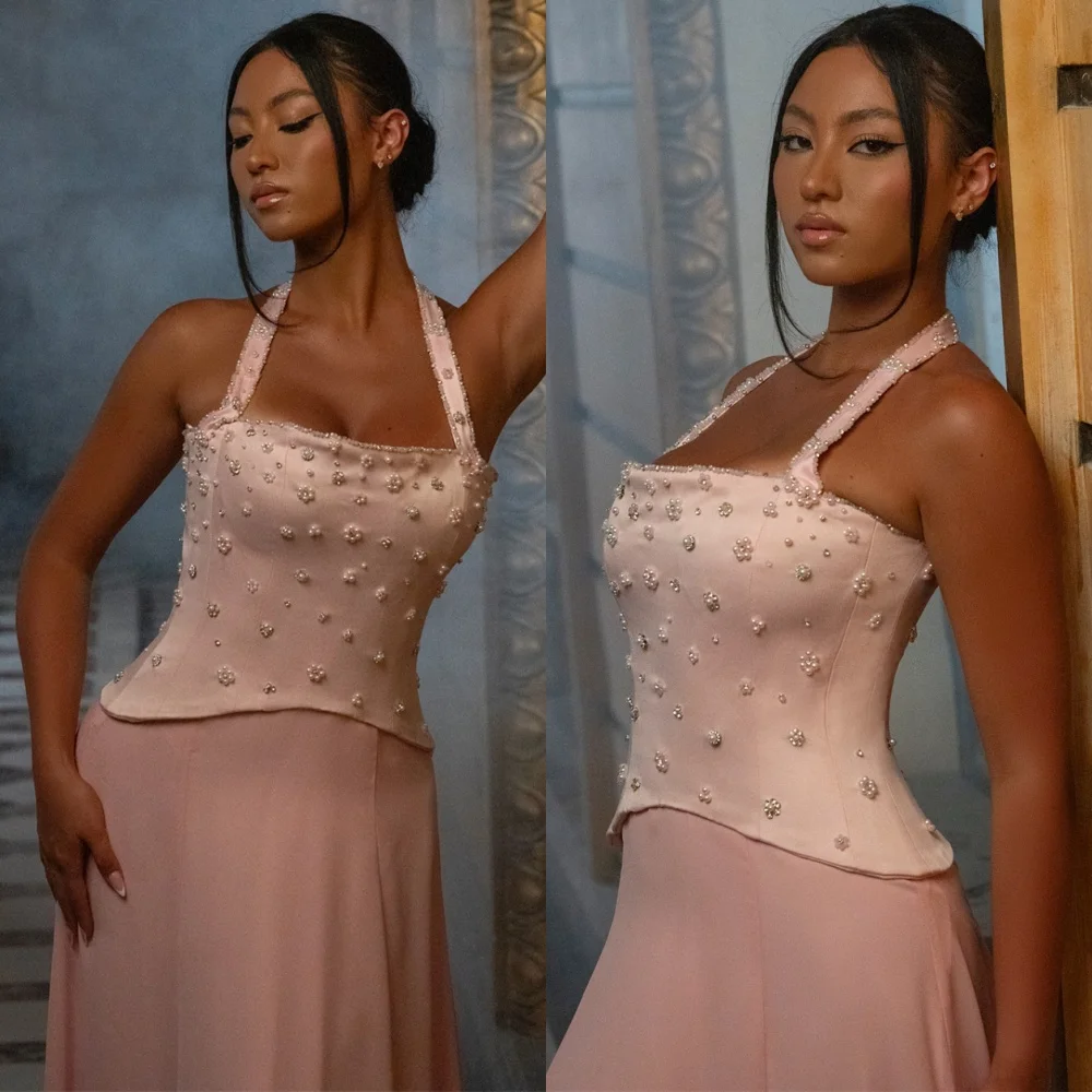 

Customized Simple Pink Chiffon Evening Dress Fashion Halter Sleeveless Homecoming Dresses Soft Sweep Train Vestido De Festa