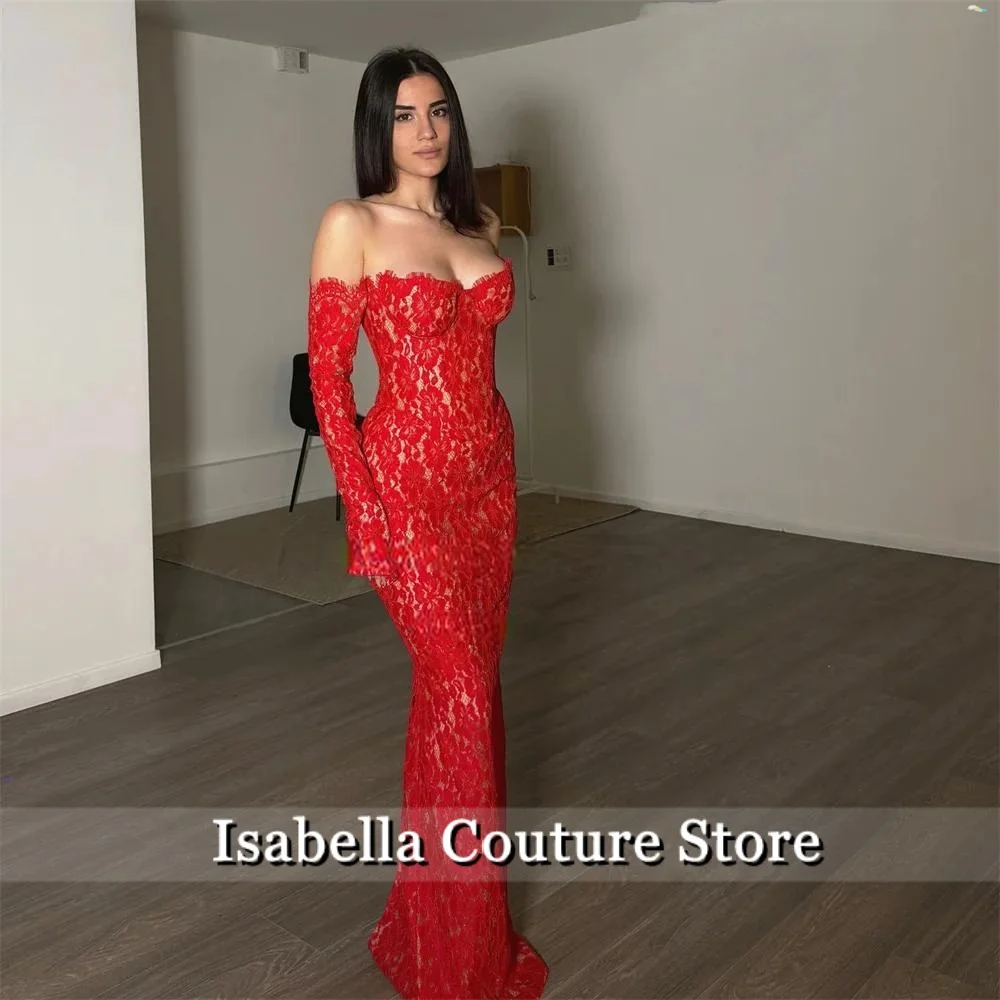 

Новое элегантное красное сексуальное кружевное платье с открытыми плечами и длинными рукавами с разрезом Русалка по индивидуальному заказу, вечернее платье для выпускного вечера, вечерние платья