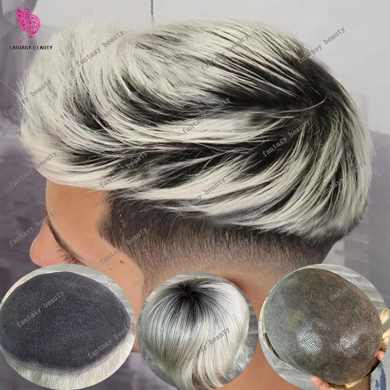 

1bt60R White Grey Blonde Ombre Mens Wig Bleached Knots Full Lace Human Hair Wig Durable 0.06mm Full PU Toupee for Male Hair Loss