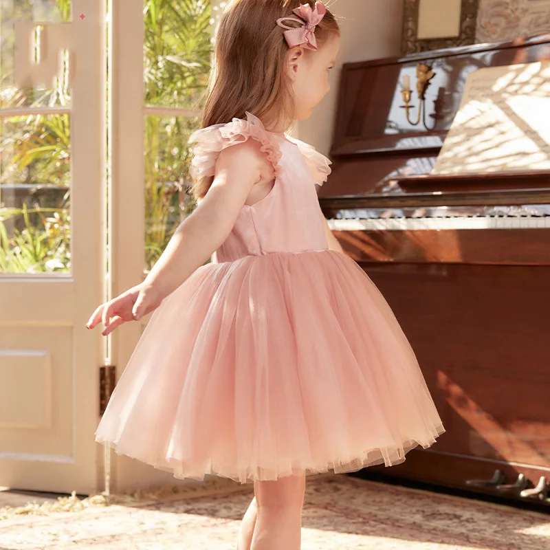 High End Girls Satin Birthday Party Dress Pink Princess Gown Fly Sleeve Toddler Baby Girl Formal Outfit White Elegant Dress