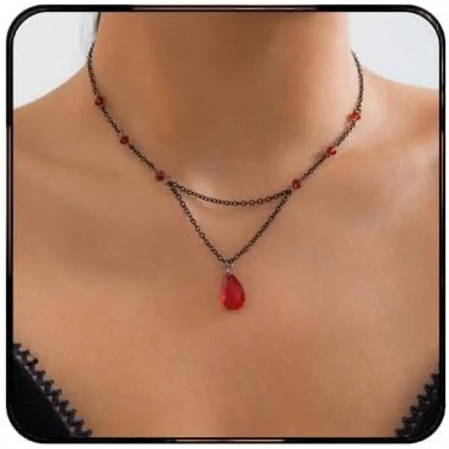 

Многослойное готическое ожерелье с подвеской в форме капли, красным кристаллом и черной цепочкой