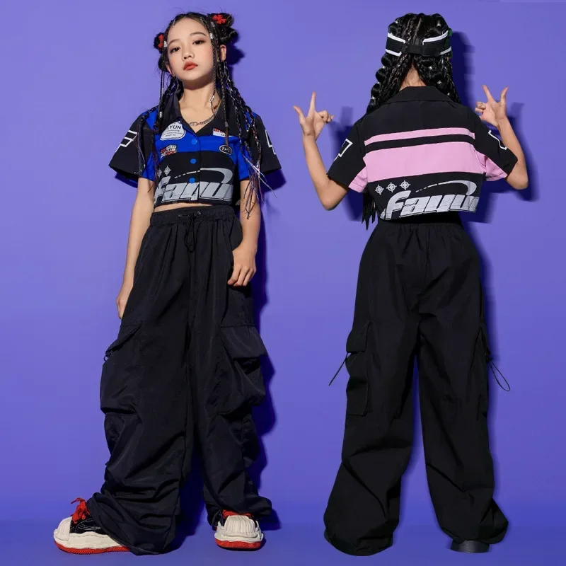 

Fashion Girls Jazz Dance Costume Short Coat Black Cargo Pants Kids Hip Hop Outfits Teenagers Group Stage Performance Clothes Set