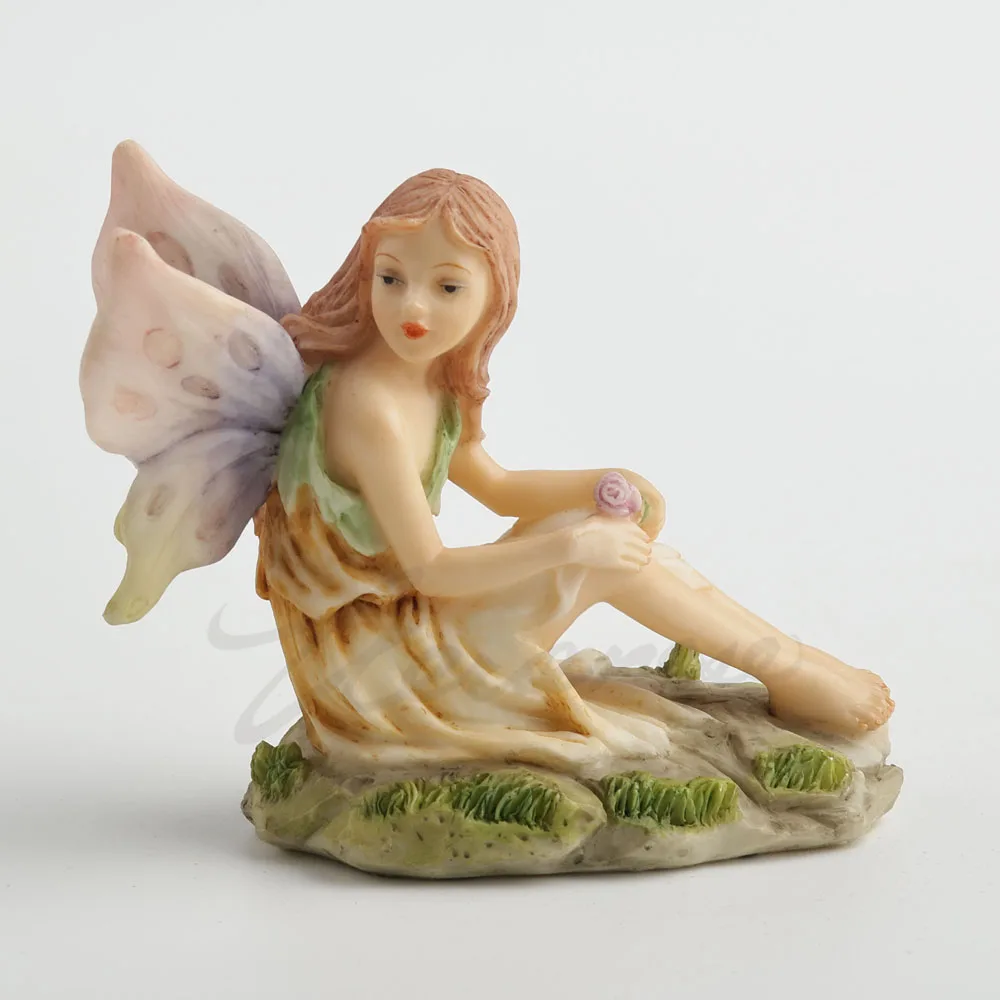 Sitting Gradient Dress Fairy Figurine with Purple Translucent Wings Grass Rock Base Elf Resin Statue for Home Desktop Decoration