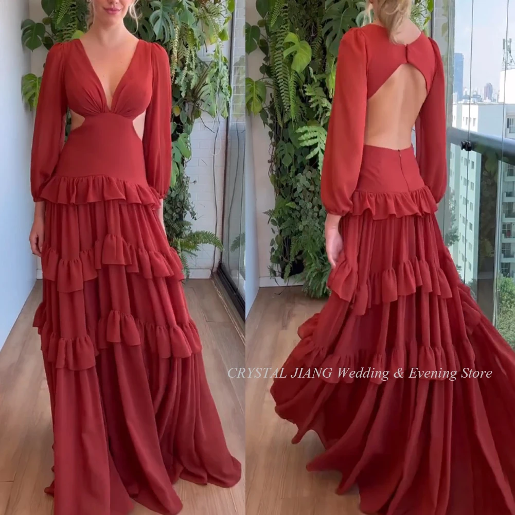 Deep V Neck Long Sleeves Ruffles Skirt Formal Gown Custom Made Red Chiffon Open Back Evening Dresses