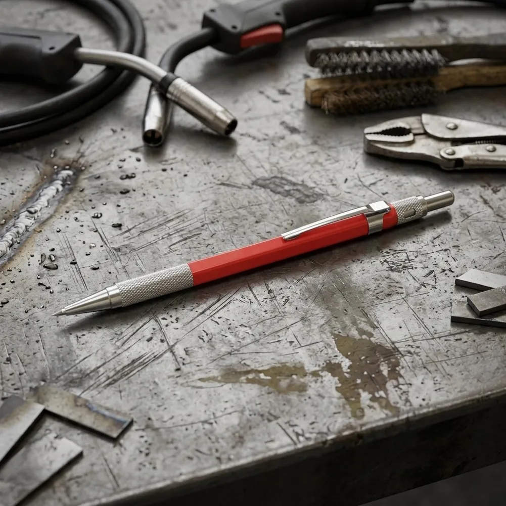 Marker Pen Red Welders Pencil with Mechanical Metal Marker and 12 Silver Streak Refills for High Temperature Welding