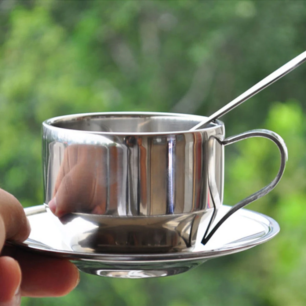 

3 Pcs Stainless Steel Tea Cup Set Double Layer Coffee Glasses Silver Delicate Kitchen Barware Elegant Practical Safe Clean Gift
