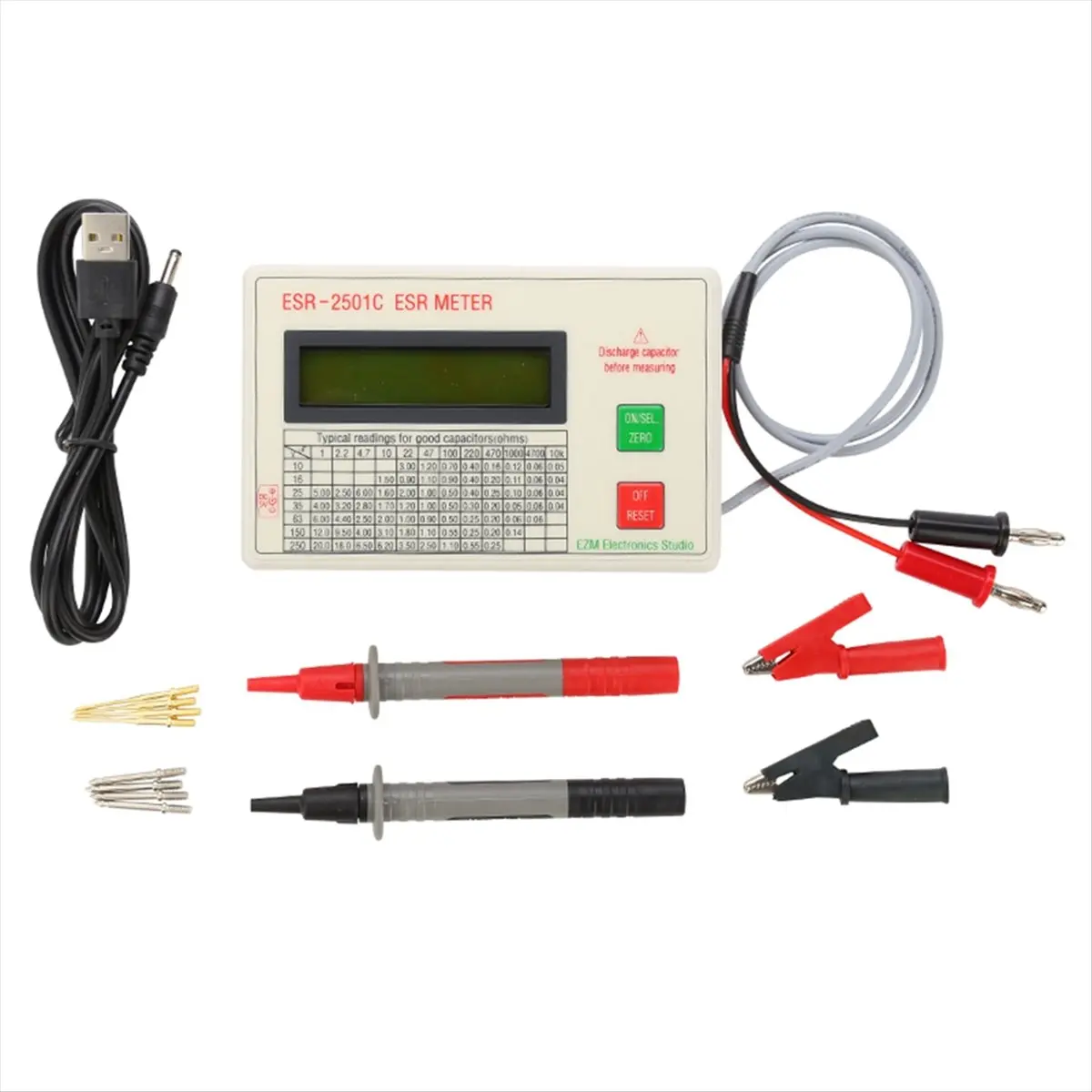 ABGN New ESR2501C Capacitor Tester Test in Circuit Capacitance Meter with Test Leads Clip Battery