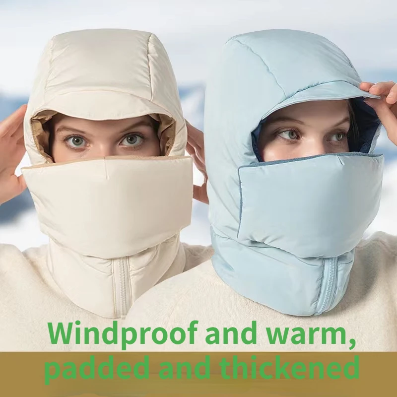 

2025 New Solid Color Winter Down with Masks Windproof Pilot Skullies Beanies Fluffy Lightweight Warm Earmuffs Balaclava Ski Hat