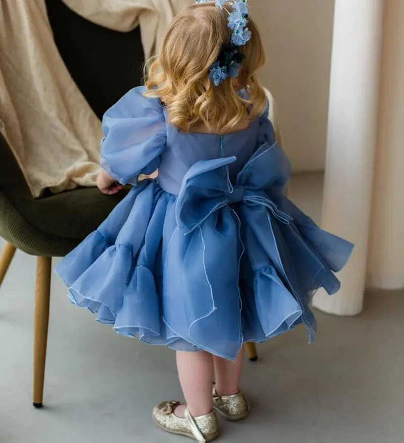 Neue maßge schneiderte Baby Mädchen Kleid Puff Ärmel Organza Big Bow Kinder Geburtstags feier Kleid Tutu Kind Größe 1-14 Jahre Vestidos