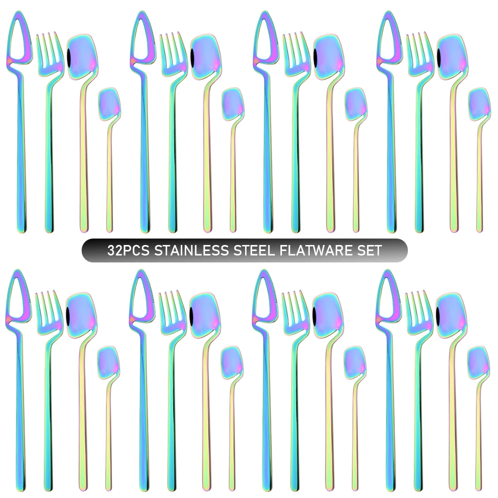 32Pcs Mirror Dinnerware Set Stainless Steel Tableware Rainbow Dinner Knife Fork Spoons Cutlery Set Home Kitchen Flatware Set