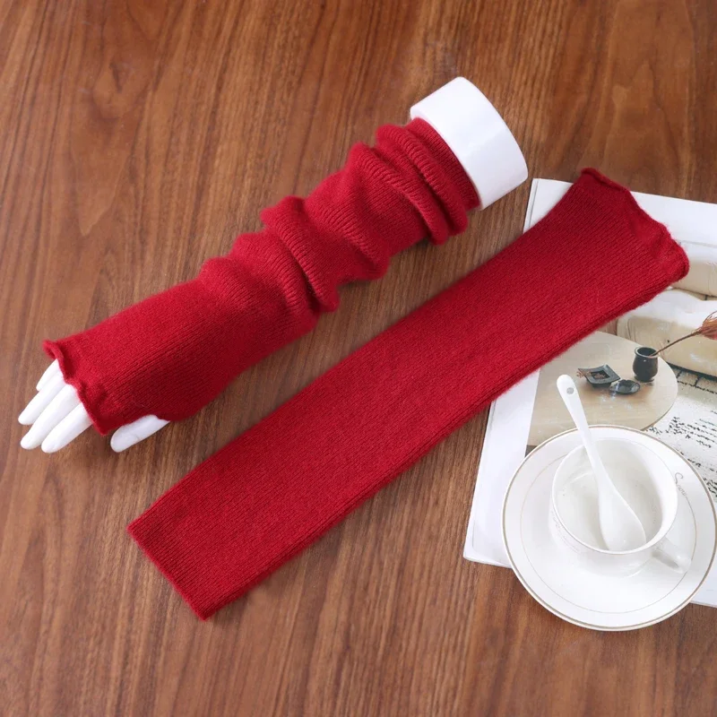 Women's 100% Pure Wool Long-Sleeved Fingerless Gloves Warm Elbow-Length Knitted Mittens Solid Color Hand Warmers
