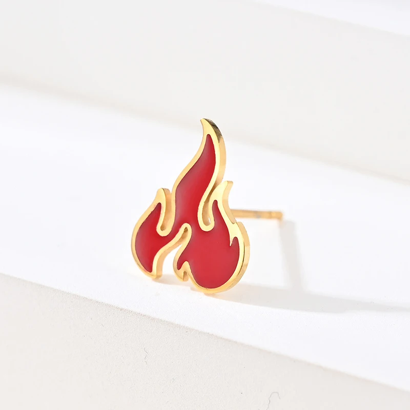 1pc Fashion Cool Hiphop Stud Earring Men Red Flame Stainless Steel Earrings For Women Rock Punk Jewelry Accessories Korea Style