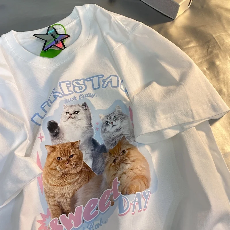 Women Cat Super Cute T-shirt Loose Short Sleeve Sweet Plus Size Shirt Women's Clothing Korean Round Neck Multi Color Top