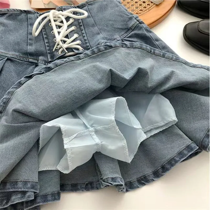 2024 Spring Autumn Girls Pleated Skirt Baby Denim Skirt Kids Skort Children Fashion Bottoms Stretchable Waist Lacing 3-14Y