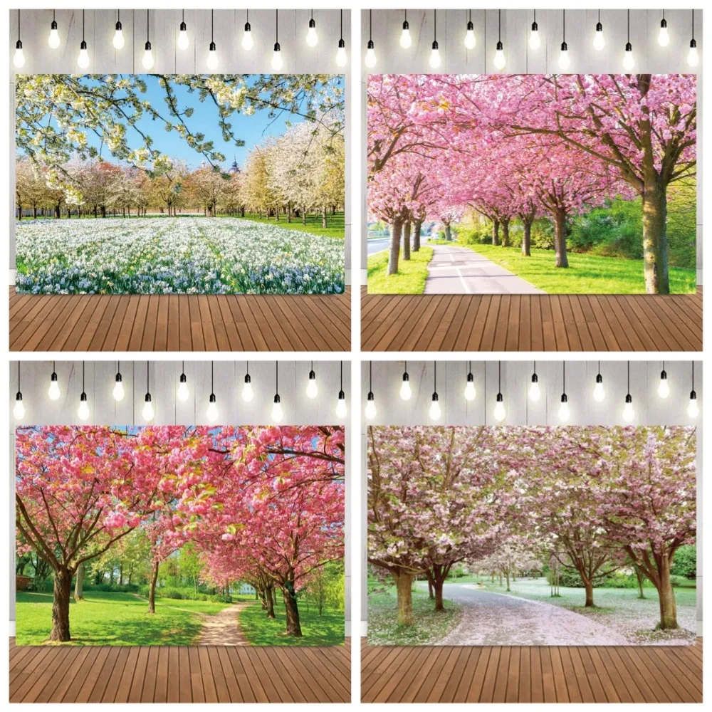 

Spring romantic pink white cherry blossom photo background, garden landscape, home art decoration, photography background props