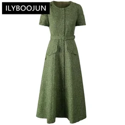 Sequins Tweed Dress Women's O-Neck Short Sleeve Sashes Office Lady Single Breasted Dresses Fashion Designer Autumn High Quality