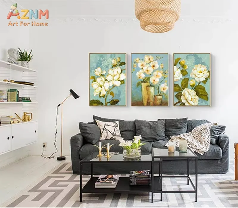 AZNM Vintage White Magnolia Orchid Butterfly Canvas Wall Art Frameless Print, Retro Floral Oil Painting Style Poster, Home Livin