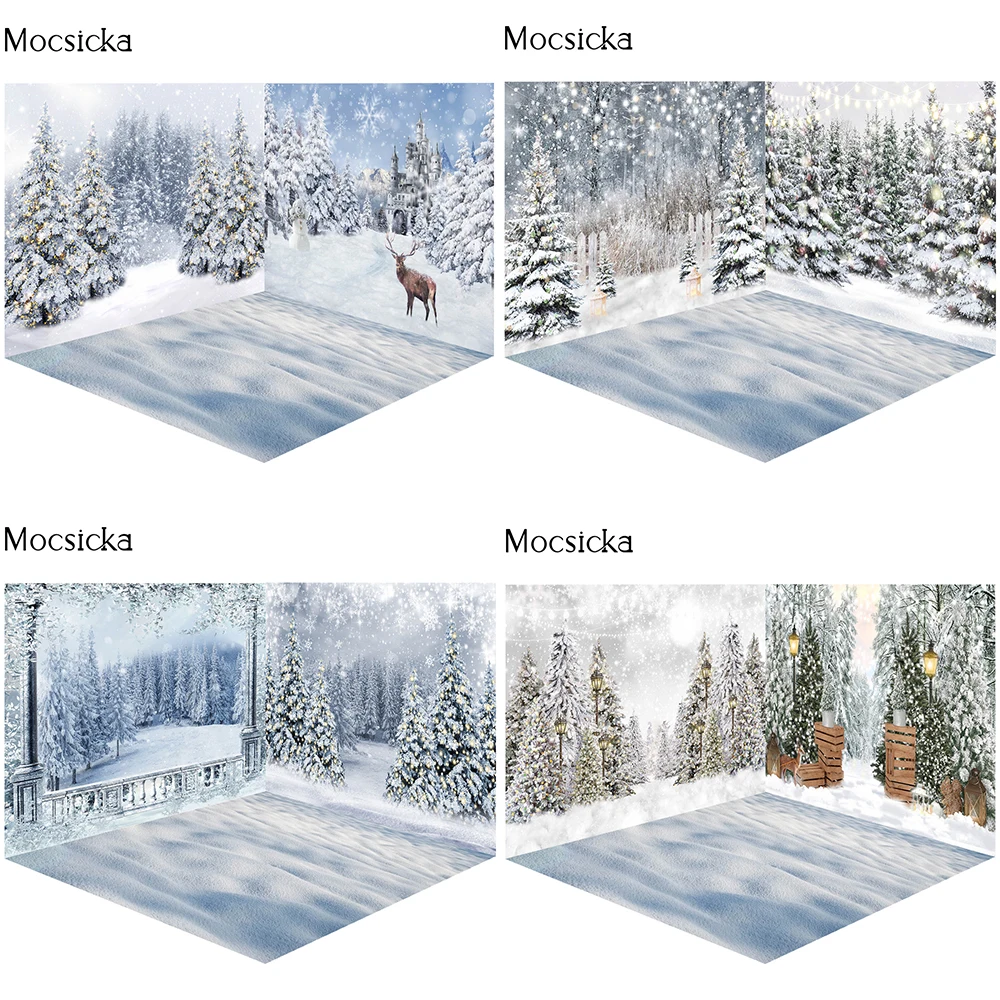 

Mocsicka Christmas Photography Backdrop Room Set Winter Wonderland Snowy Forest Elk Background Party Decor Banner Studio Props