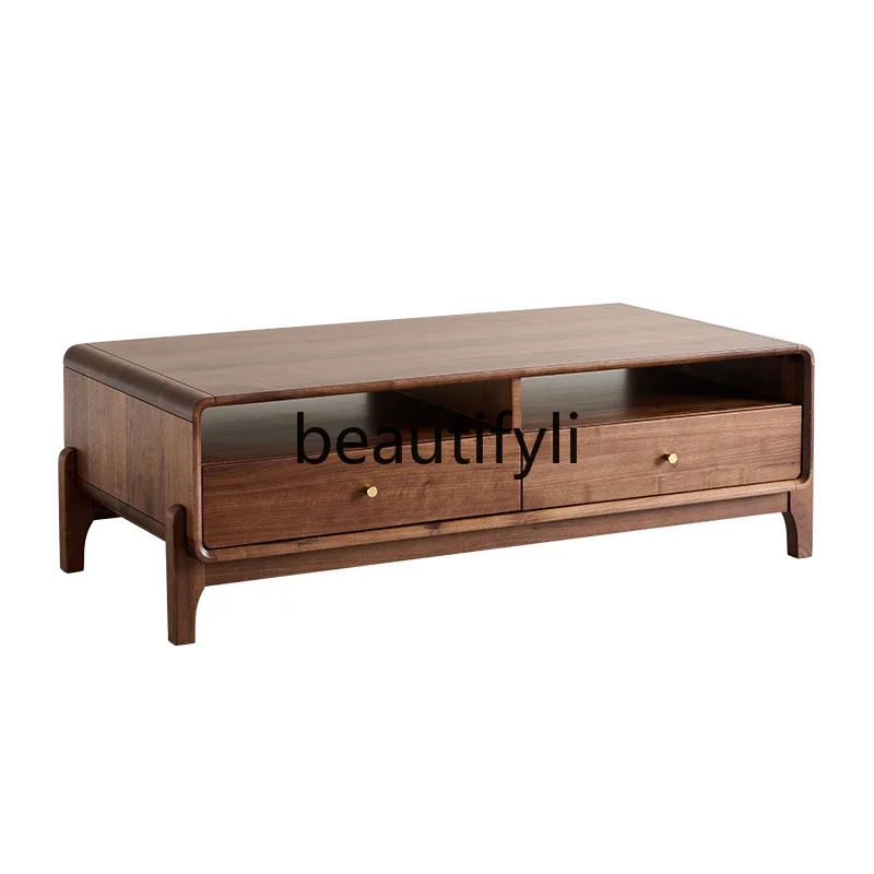 

Black walnut coffee table household rectangular all solid wood low table with drawers
