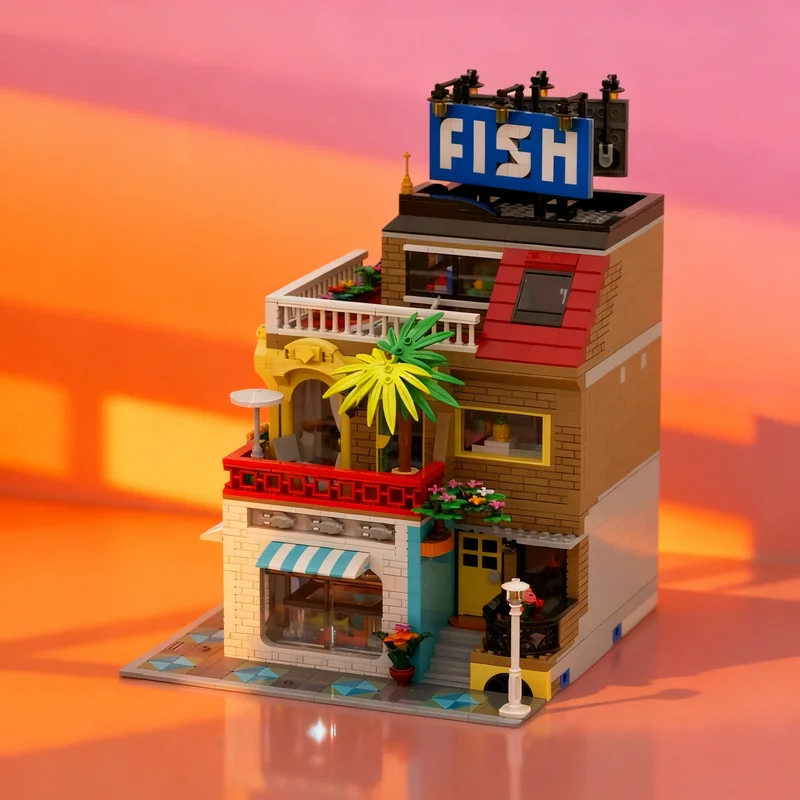 

2364 шт. MOC городской уголок рыбный магазин модель строительные блоки игрушки архитектура сборка DIY творческий рождественский подарок идея образование