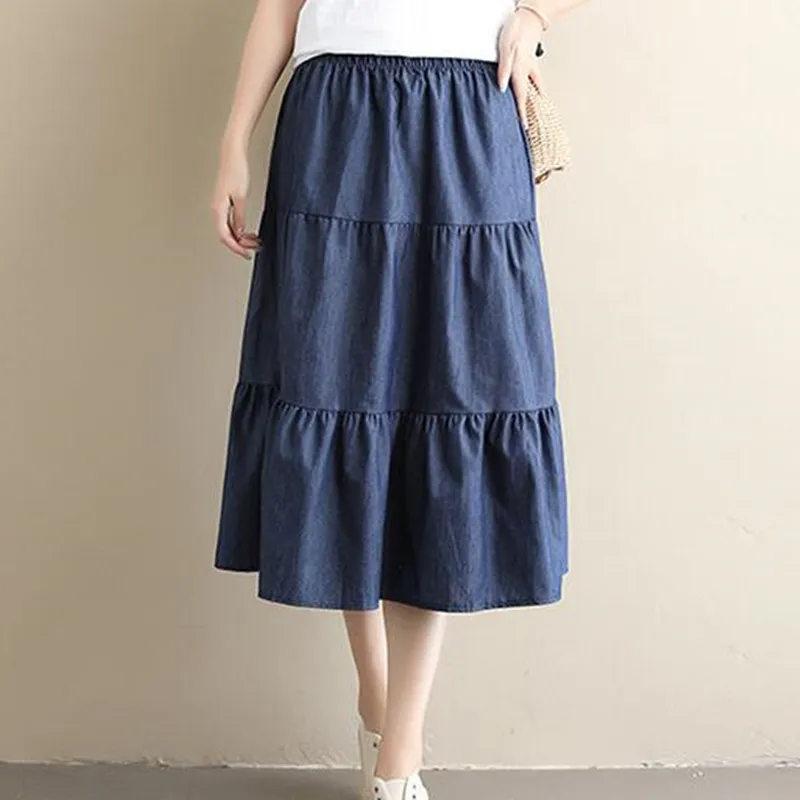 تنانير جينز صيفية لعام 2025 تنانير صيفية مكشكشة ذات ثنيات من قماش الدنيم تنانير كلاسيكية للطلاب بخصر عالٍ مقاس كبير 5XL #1