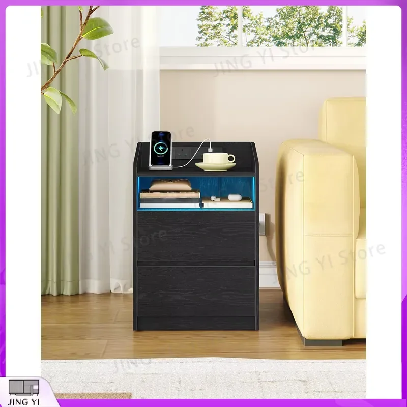 Bedside Table Set of 2 with Built-in Power Strip 2 AC Outlets 2 USB Ports LED Light