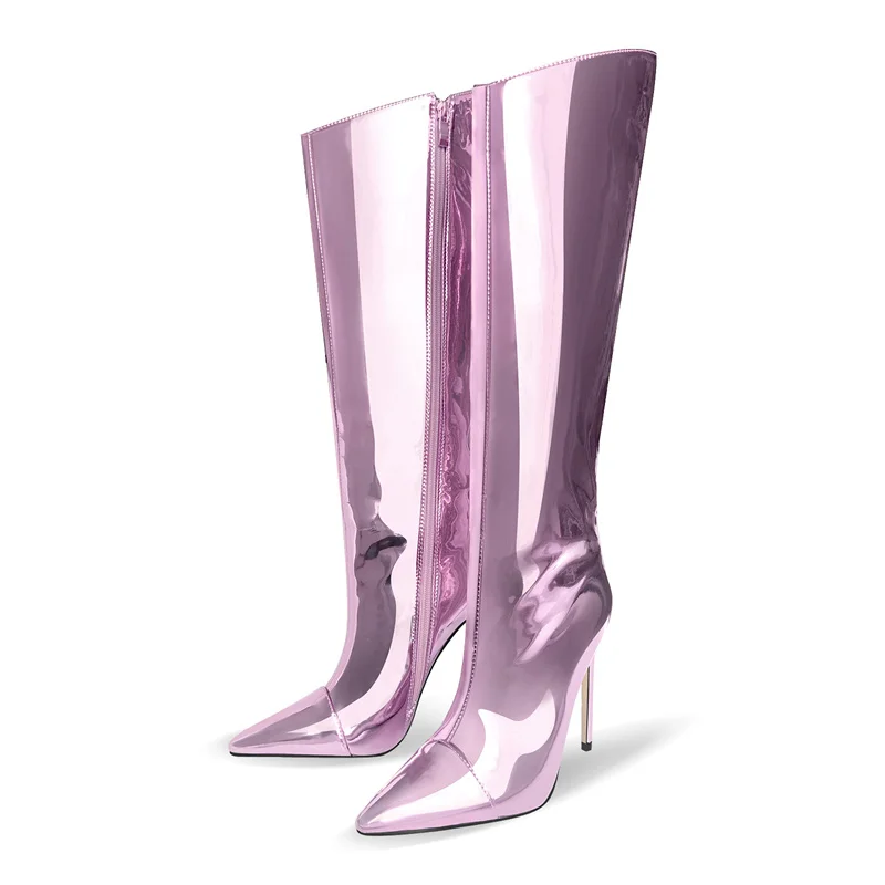Onlymaker Women Stiletto Knee High Boots Metallic Purple Gold Patent Leather Fashion Party Dress Thin Heels Fashion Boots