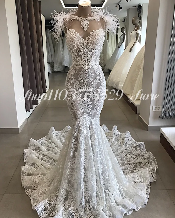 

Luxury Modern 2025 Mermaid Beach Wedding Dresses High Neck Lace Applique Chapel Hem Backless Flared Bridal Gowns Vest