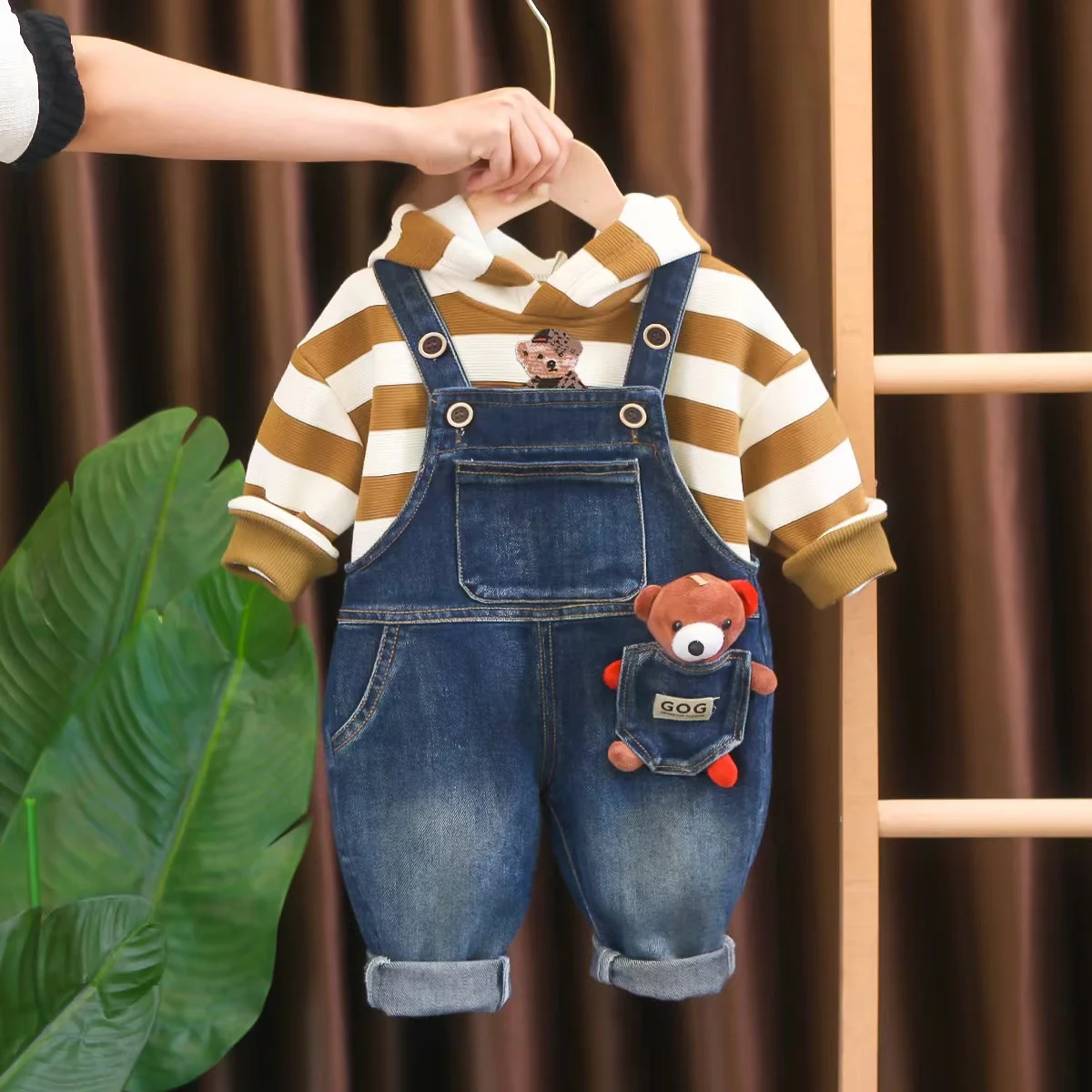 2024 Autumn New Children\'s Wear Hooded Cartoon Long Sleeve Striped Shirt+Cowboy Backstrap Set Two Piece Spring Baby Boys Clothes